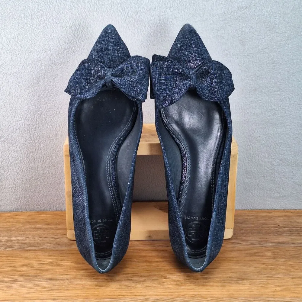 Tory Burch Rosalind Women's 9 Ballet Flats Navy Blue Printed Suede Bow Slip On